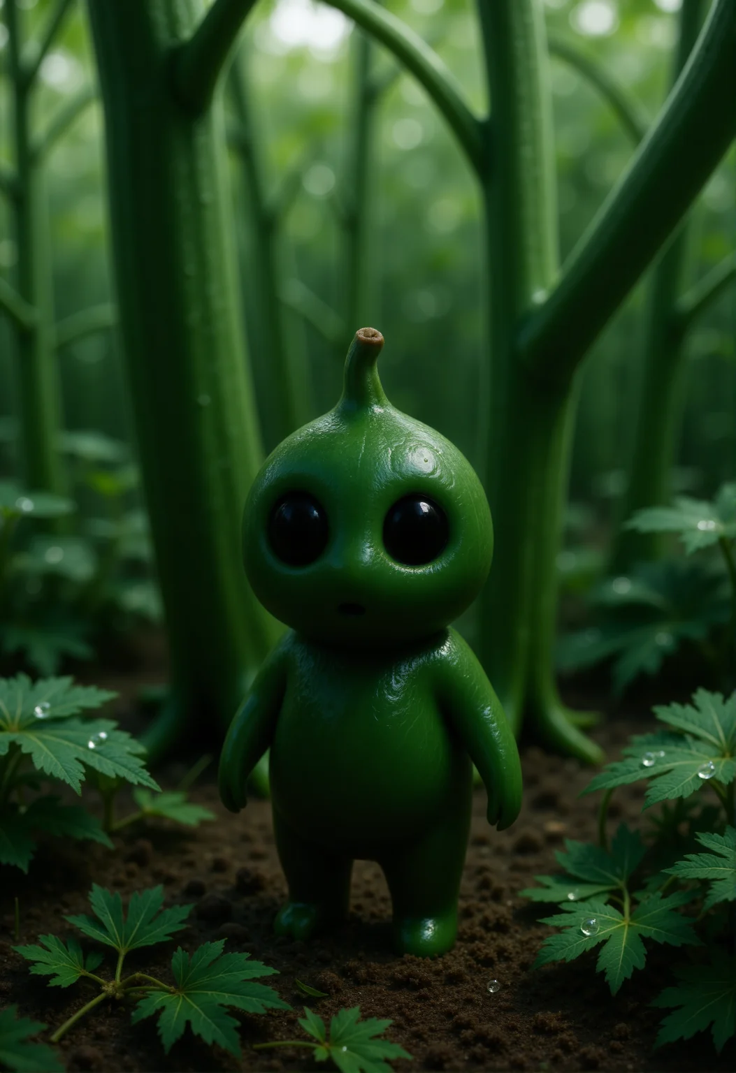 A tiny Kodama forest spirit stands nestled among giant green bean pods hanging from thick vines. Its body is smooth and plump, textured like a glossy, deep green bean with subtle ridges along its surface. The Kodamaâs rounded head matches the bean texture, with large, dark eyes that reflect a gentle curiosity. Enormous dewdrops cling to the giant leaves and thick vines towering above, casting shimmering reflections around the Kodama. In the background, an expansive garden stretches into the distance, with towering stalks and sprawling foliage creating a lush, oversized world that emphasizes the Kodamaâs small size. <lora:Kodama_V1:1>