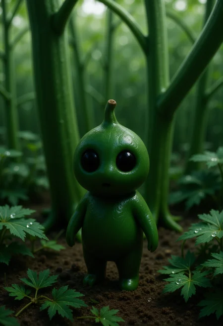 A tiny Kodama forest spirit stands nestled among giant green bean pods hanging from thick vines. Its body is smooth and plump, textured like a glossy, deep green bean with subtle ridges along its surface. The Kodamaâs rounded head matches the bean texture, with large, dark eyes that reflect a gentle curiosity. Enormous dewdrops cling to the giant leaves and thick vines towering above, casting shimmering reflections around the Kodama. In the background, an expansive garden stretches into the distance, with towering stalks and sprawling foliage creating a lush, oversized world that emphasizes the Kodamaâs small size. <lora:Kodama_V1:1>