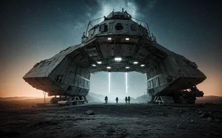 Bright light, scenery, panels, outworn spacecraft, eerie atmospheric lighting, novuschroma60 style bokeh