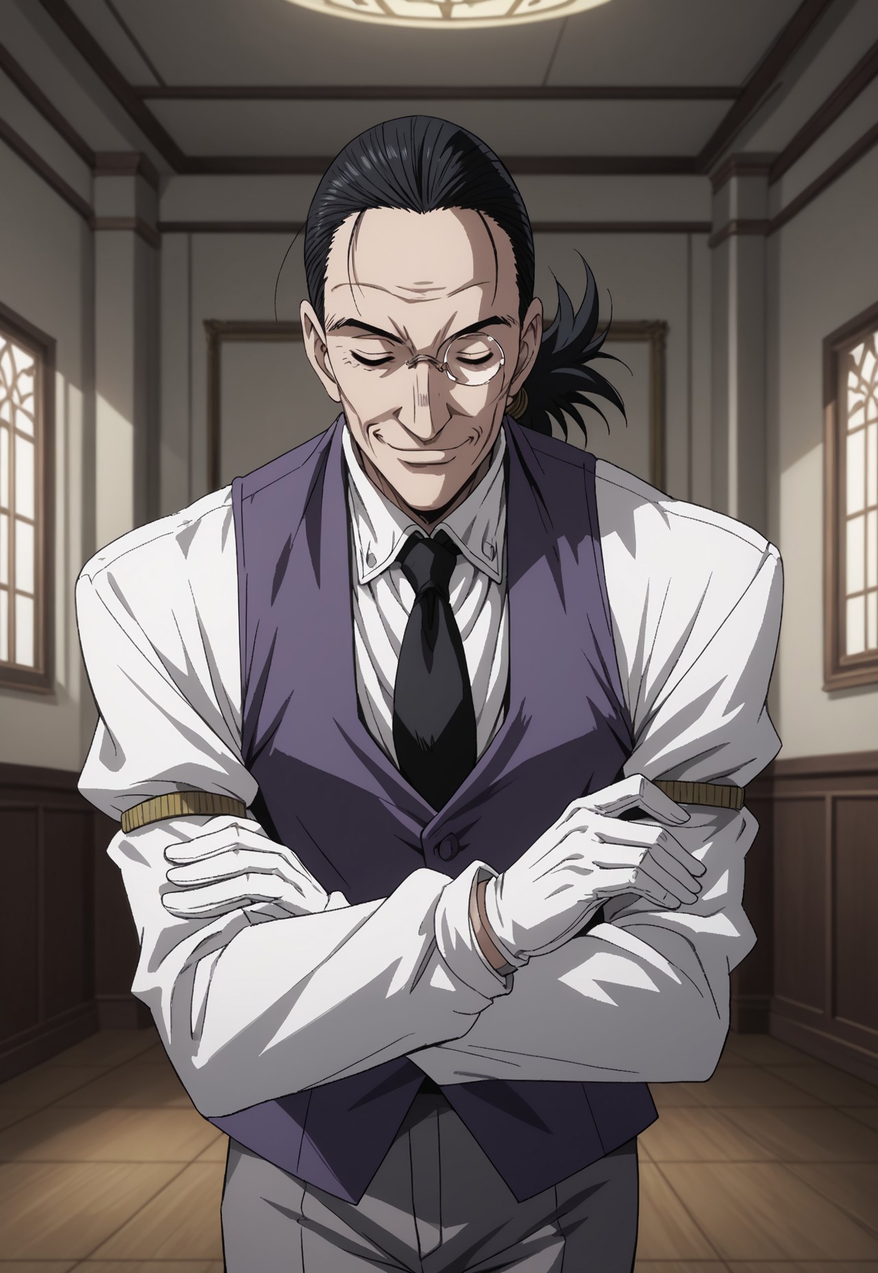 safe_pos, score_9, score_8_up, score_7_up, masterpiece, best quality, OldWalter, male focus, 1boy, wrinkled skin, male, solo, blue eyes, black hair, back slicked ponytail, monocle, white shirt, black necktie, blue vest, white gloves, grey pants, black shoes, smile, closed eyes, perspective, round eyewear, butler bowing, day, indoors, manor