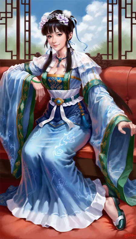 score_9,score_8_up,score_7_up,
<lora:wangyuanji:1>,
wangyuanji,
1girl,solo,black hair,blunt bangs,updo,low ponytail,hair ornament,purple hair flower,grey eyes,looking at viewer,smile,chinese clothes,layered blue and white fabric,intricate frills and lace,lace collar,blue ribbon,jade bracelet,a jade pendant as a waist decoration,sheer robe,cleavage,long silk skirt,
flat shoes,
full body,sitting,
indoors,