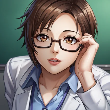 score_9, score_8_up, score_7_up,score_6_up,uncensored,detailed eyes,perfect eyes,extremely detailed CG,extremely detailed face,detailed Lora,best quality,source_anime,anime,perfect face, beautiful eyes,beautiful face, detailed eyes ,masterpiece,high resolution, distinct image BREAK <lora:CSO_Soi:1>CSO_Soi, 1girl, solo, glasses, lab coat, brown hair, short hair, skirt, pencil skirt, brown eyes, high heels