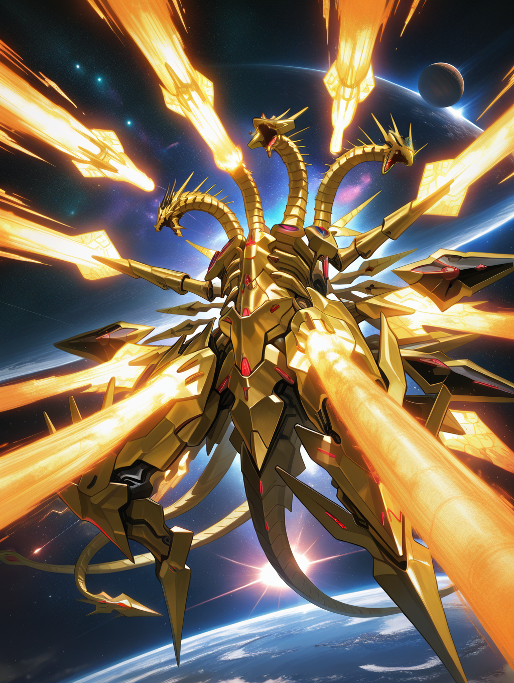 neo galaxy-eyes tachyon dragon, gold mecha dragon, three heads, no humans, glowing, space, solo, open mouth, mouth beam, glowing eyes, science fiction, planet, sharp teeth, star, sky, full body, from below, no arms
masterpiece,best quality,amazing quality,very aesthetic,absurdres,newest,<lora:Galaxy-Eyes Tachyon Dragon illuXL v1:0.82>,