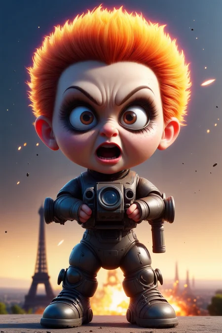high detail,octane render,8k.A sinister doll with bulging eyes,holding a rocket launcher,exploding Eiffel Tower,explosion,<lora:helios-nun:1>,intricate,vibrant,