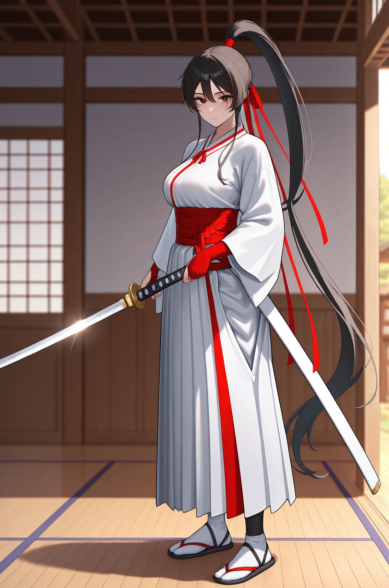 masterpiece,best quality,amazing quality,very aesthetic,absurdres,newest, huge filesize,
<lora:spo_sdxl_10ep_4k-data_lora_webui:0.5>,
<lora:add-detail-xl:1>
Japan medieval ,  dojo,
red cords ,
full body, standing, 
<lora:jigokuraku_V1:1>j_V1,
1girl,weapon,
sword,solo,long hair,
ponytail,japanese clothes,
katana,black hair, medium breasts, 
looking at viewer,breasts,
sash,very long hair,
ribbon,hair ribbon,
wide sleeves,bangs,
red ribbon,j_sagiri