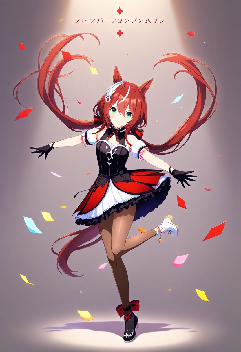 Jed-StickyN, confetti made of sticky notes, 
(win_variation_(umamusume), 1girl, solo, streaked_hair, tail, twintails, shobufuku,animal_ears, asymmetrical_footwear, black_gloves, black_shoes, brown_pantyhose, character_name, closed_mouth, dress, floating_hair, frilled_sleeves,  )
frills, gloves, green_eyes, grey_background, hair_between_eyes, hair_ornament, horse_ears, horse_girl, horse_tail, long_hair, low_twintails, mismatched_footwear, multicolored_hair, pantyhose, 
(pleated_skirt, red_dress, red_hair, shoes, short_sleeves, skirt, small_breasts, smile,  looking_at viewer, bangs, hair_between eyes, bare_shoulders, full_body, black_pantyhose, brown_gloves, dancing, red_spotlight, black_footwear, white_footwear, mismatch_footwear, dynamic_pose,  very_long_hair, white_background, white_hair, white_shoes, white_skirt : 0.7)