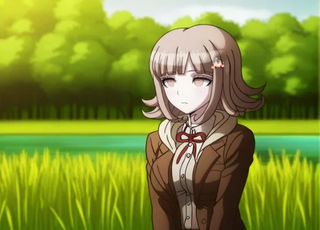 (((solo))), ))She has an prideful expression . (((closed mouth))), masterpiece, best quality, <lora:Chiaki_Nanami_Illustrious:1>, In the art style of Rui Komatsuzaki, artist: Rui Komatsuzaki, This anime screencap is from Danganronpa the Animation. Chiaki Nanami's wearing her uniform from Danganronpa 3. Chiaki Nanami has short hair that slightly curls outwards, though the locks on either side of her face curl inwards. Chiaki Nanami's hair is a dusty light pink that is almost light brown. Chiaki has short straight bangs split towards the right, a white Galaga hairclip pinned to a lock of her hair. Chiaki Nanami has blossom pink eyes. Chiaki's uniform consists of a white button-up dress shirt with a red ribbon tied in a bow at the collar, with a warm brown blazer with a cream-colored hooded cardigan underneath her blazer. She also sports black thigh-high socks and light pink Mary-Jane style shoes with white soles. Chiaki Nanami is hugging knees. Chiaki Nanami is neutral expression . Chiaki Nanami is working with and involved in A serene wetland landscape on a bright summer day. The foreground features a small, still pond surrounded by lush green grass. The pond's surface is covered with aquatic plants, creating a mosaic of green and brown hues. Tall grass and reeds border the water's edge. Behind the pond, a meadow stretches out, leading to a dense forest in the background. The forest is composed of a mix of deciduous and coniferous trees, with tall evergreens standing prominently against the sky. The trees cast long shadows, suggesting it's late afternoon. The sky is a clear, pale blue with a few wispy clouds. Sunlight bathes the scene, creating a warm, golden glow on the vegetation. The overall atmosphere is peaceful and untouched, reminiscent of a protected nature reserve or park.