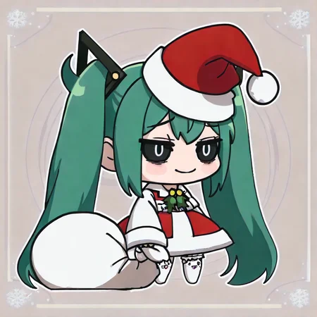 <lora:Padoru_IL:1> Padorumeme, santa_dress, chibi, holding_sack, santa_hat, smile, <lora:39neko:1> hmmnt, twintails, very long hair, hair ornament, green hair, sidelocks, black sclera, white pupils, half-closed eyes, raised eyebrows, bags under eyes, white shirt, collared shirt, sleeves past wrists, bridal garter, single strap, frills, animal ear legwear, cat ear leagwear, white thighhighs, no shoes