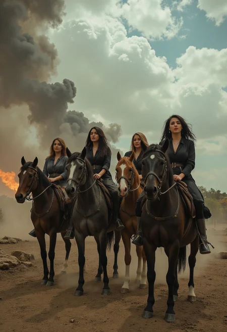 four beautiful women on horses representing the four horsemen of the apocalypse. A dystopian scene as the women ride the horses.