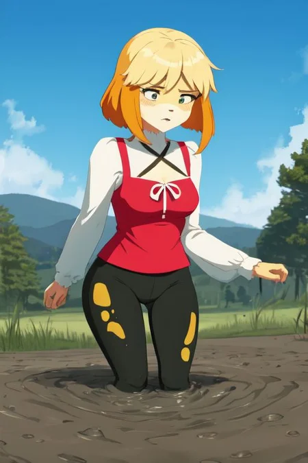 isabelle \(animal crossing\), (masterpiece, best quality:1.15), 1girl, solo, large breasts, high cheekbones, thick eyebrows, small mouth, looking to the side, leaning forward, adjusting clothes, tight leggings, green crop top shirt, starry nights, long hair, twin short braids, scared, partially submerged, struggling, farmland bog, quicksand