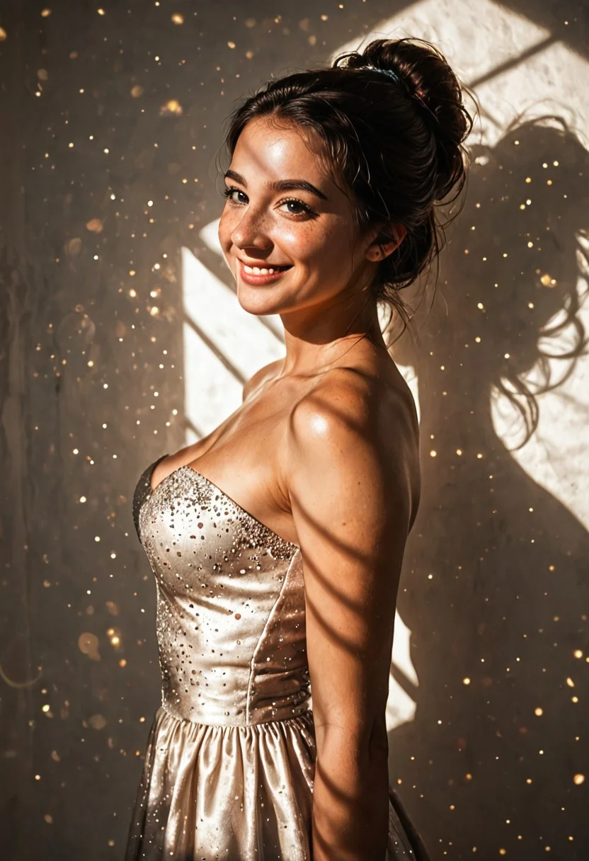 score_9, score_8_up, score_7_up, 1girl, 19yo, masterpiece, high quality, perfect smile, photo, realistic, detailed face, detailed eyes, iridescent colors, bokeh, perfect skin, freckles, cute face, prom dress, medium breasts, head tilt, (looking at viewer), ((raw lighting, overexposed, harsh flash, strong shadows, hard shadows, dim background)), multicolored lighting, multicolored background, updo,