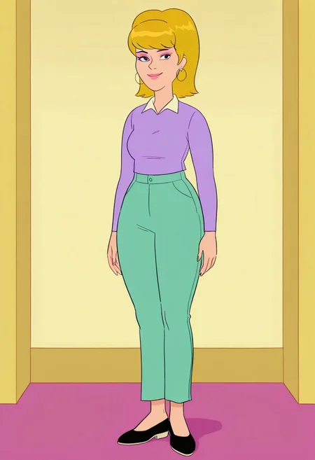 1girl, solo, sue_murphy, blonde hair, makeup, earrings, blonde hair, purple long-sleeve top, light blue-green pants, and black shoes, standing, looking at viewer, smiling, closed mouth