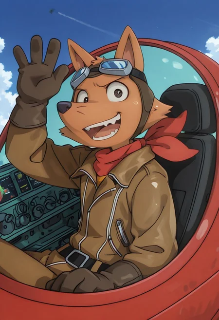 detailed background, detailed fur, solo, 1boy, young adult, muscular, (ZorondoRon), fox, very expressive, happy, head movement, beautiful sky background, outdoors, clear skies scenery, sitting in red plane, flying, waving at viewer, brown aviators outfit, brown gloves, aviator googles, red scarf around neck, detailed scenery, masterpiece, best quality, amazing quality, absurdres, newest, high res, ultra detailed, best quality, best artwork, detailed eyes, (eyes focus), perfect eyes, big iris, pupils visible, 4k, ultra quality, perfect face
