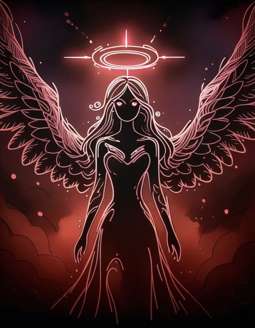 score_9,score_8_up,score_7_up, <lora:Navi_LustStrokes_PonyXL_S1:1.1>, pink sketch, monochrome, black theme,
1girl, fallen angel girl, black wings, black hair, pale skin , gradient skin , dark halo , long hair, dark aura, black eyes, gradient eyes, symbol-shaped pupils, torn wings, feathers, colored eyelashes, melting halo, spiky wings,
