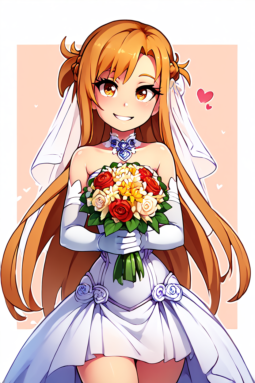 score_9, score_8_up, score_8, medium breasts, (curvy), cute, eyelashes,       BREAK, , zzAsuna, asuna (sao), long hair, brown hair, brown eyes, braid, very long hair,  <lora:Asuna_SAO_PDXL_v3:0.8>,, BREAK, smile, looking at viewer,  bride, wedding dress, bridal veil, strapless dress, elbow gloves,  holding bouquet,  hearts, white outline, cowboy shot, embedding:zPDXL, Expressiveh, <lora:theOtherHalfPDXL:0.8>,  <lora:CatalystStylePDXL:0.6>,  <lora:SDXLFaeTastic2400:0.5>,  <lora:Expressive_H-000001:0.4>,
