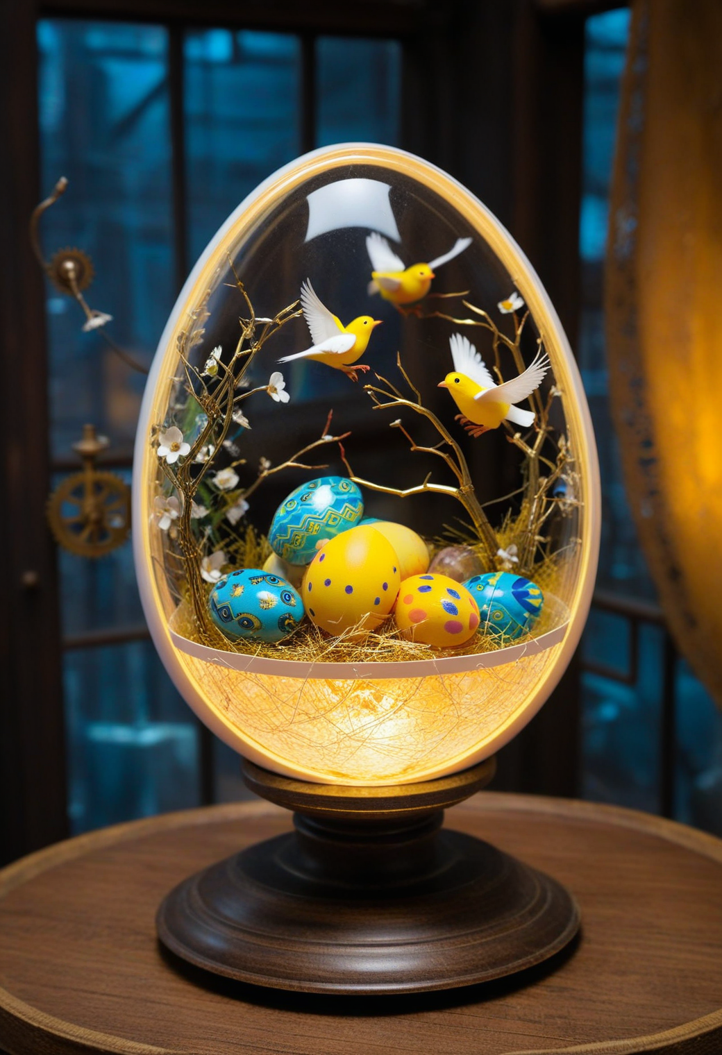 <lora:Sysdeep_EasterEgg:1>, sysdeep_easteregg, a transparent easter egg filled with tiny mechanical birds in motion, clockwork design, soft rim lighting, steampunk laboratory scene