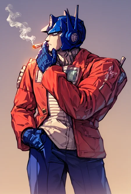 score_9, score_8_up, score_7_up,, good quality ,, character focus, solo, , best quality <lora:optimus-10:1.2> optimus, solo, simple style, <lora:BaitUsedToBeBelievablePDXL:1> profile, cigarette, smoking, hand on hip, hand on chin, hand in pocket