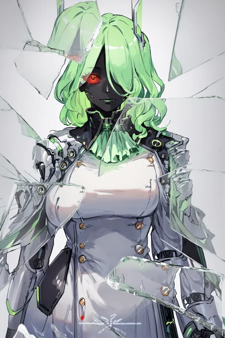 score_9, score_8_up, score_7_up, score_6_up, score_5_up, score_4_up, BREAK, source_anime, solo, 1girl, rating_safe, ((mature female)), ((long green flowing hair)), mechanical parts, (big backwards folded mechanical rabbit ears), mature female, (bunny ears), (animal ears), subdermal port, ((milf, mature female, big breasts)), hexagon lines in skin, naval uniform overcoat, naval uniform, white military uniform, dress_uniform, ribbons, ((red eyes)), bunny tail, rabbit tail, aiguillette, ((green hair)), ascot, ((Over-the-Shoulder shot)), latex pilot suit, shoulder cutout, bunny rabbit Tail, ((hair over one eye, )), digitigrade, clawed feet, minimal clothes, ((metal skin, shiny skin, vampire aesthetic, digital eyes, filled eyes, monochromatic eyes, glowing eyes, colored sclera, red sclera, mechanical eyes, partially shaded face, )), <lora:ECHANIS:1>, <lora:BreakingGlassXLPDCAME:1> IncrsXLBrknGls, broken glass, reflection, upper body