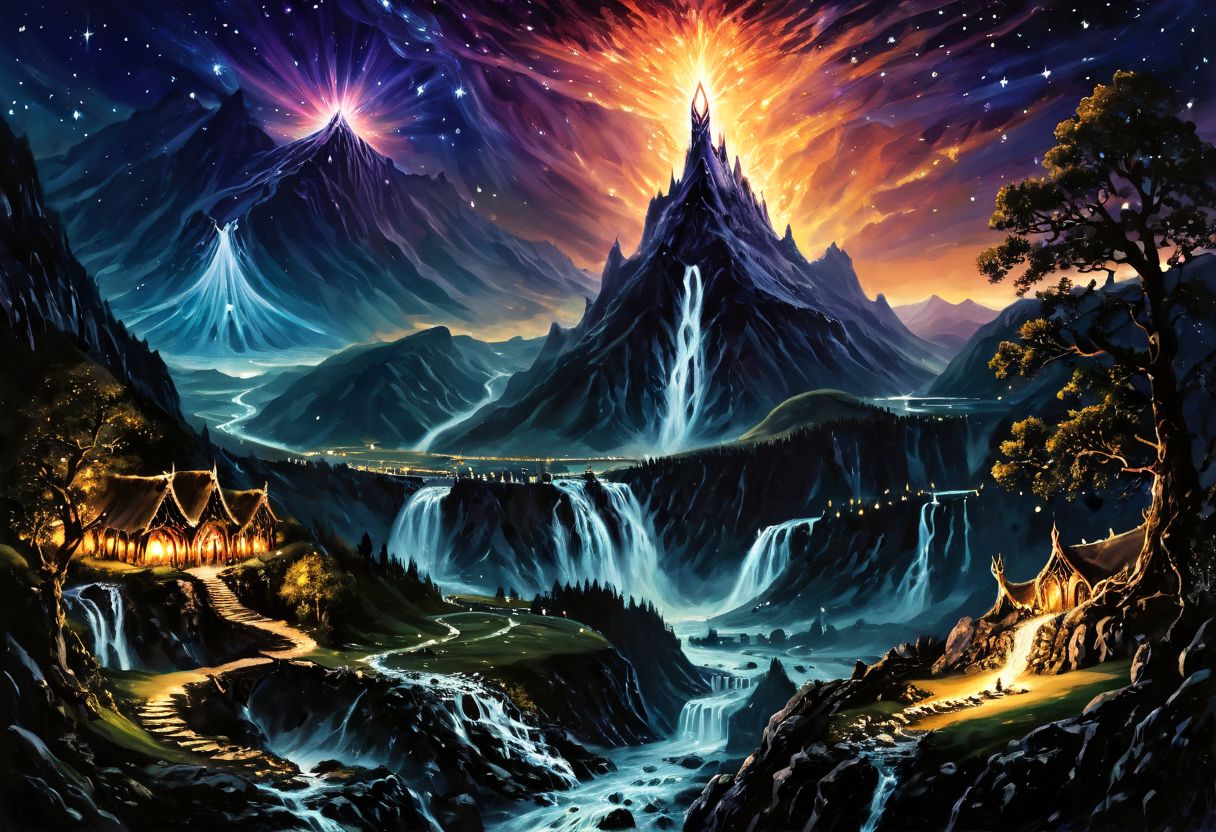 High fantasy style, Tolkien, Illustration, epic art, Synthetism, majestic, fairy tale, masterpiece, (high contrast, sharp contrast:1.2) crystal clear, sharp, contrast, Wallpaper Fusion, The Lord of the Rings style, night time, mountainous landscape, trees, grass, magical energy, starry sky, stones, river, waterfall, bridge, distant ancient kingdom,