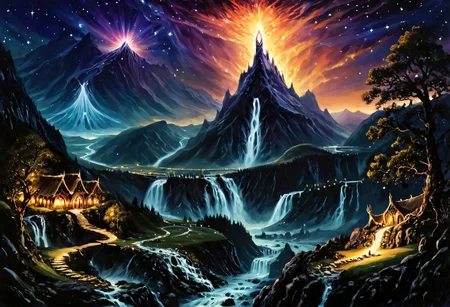 High fantasy style, Tolkien, Illustration, epic art, Synthetism, majestic, fairy tale, masterpiece, (high contrast, sharp contrast:1.2) crystal clear, sharp, contrast, Wallpaper Fusion, The Lord of the Rings style, night time, mountainous landscape, trees, grass, magical energy, starry sky, stones, river, waterfall, bridge, distant ancient kingdom,