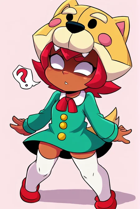 score_9, score_8_up, score_7_up, <lora:shinita:1> shinita , 1 girl , dark-skinned female, red hair, no pupils, green dress ,long sleeves, solo ,white thighhighs, red ribbon, shaded face, ,dog headwear , confused, looking at viewer, randoseru, heart, <lora:torule_style:1>torule style ,by torule ,