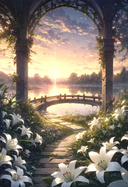 detailed background,( Calm spring night landscape), amongst lush greenery, beautiful view, lily flower in full bloom, lily flower, early morning, sunrise sky, beautiful clouds, dappled sunlight, beautiful, Tranquil Lake, Walkway, petals dancing in the wind, depth of field, masterpiece, best quality, ultra-detailed, very aesthetic, illustration, perfect composition, intricate details, absurdres, moody lighting, wisps of light, no humans,