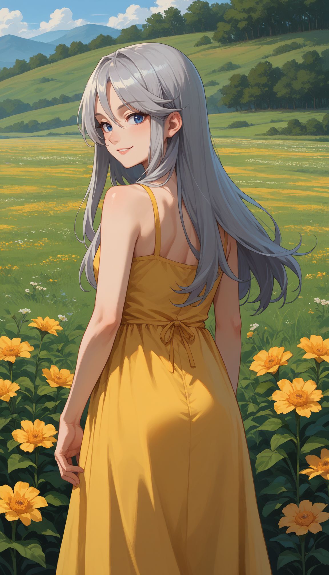 score_9, score_8_up, score_7_up, source_anime,
 <lora:GUPFlint:1> gupflint, 1girl, long hair, grey hair, blue eyes, from behind, solo, 1girl, smile, looking back, , yellow sundress, bare shoulders, outdoors, flower field