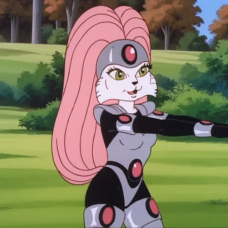 <lora:jennybuckyohare_pony_v1:.8>  JennyBuckyOHare, 1girl, retro artstyle, green eyes, pink hair, animal ears, whiskers, bodysuit, cowboy shot
