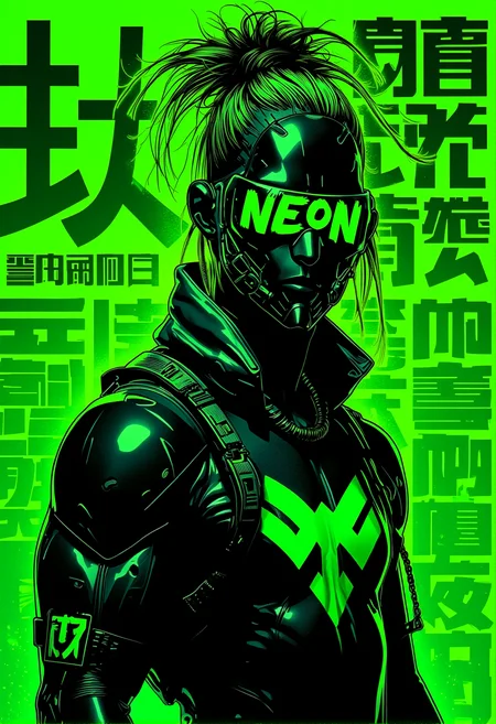In the style of realistic, a cyberpunk warriorin front of a solid acid green background, (with the text "Neon Art Style" prominently displayed in the center of the image in bold letters:1.5 )., <lora:bv-neoartsty.safetensors:1.0:1.0>