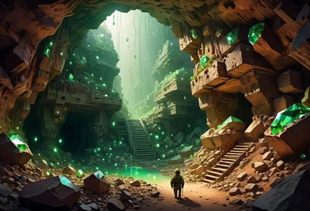A deep mineshaft with a dwarf mining shiny gems, (earthen:1.2), brownish-green color tone,