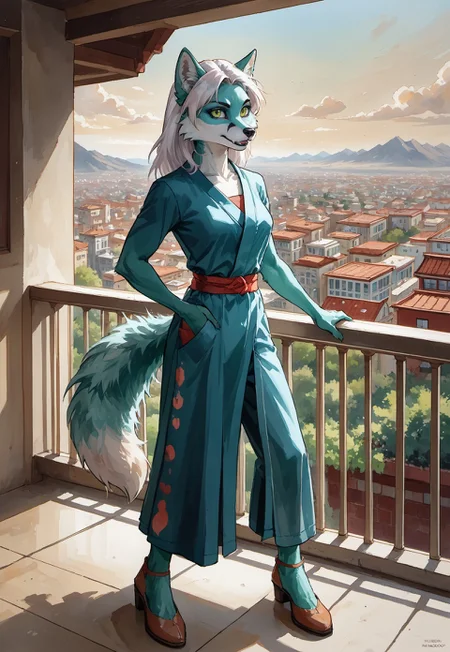 Anthropomorphic. Turquoise fluffy fox (full length), long white hair, (standing on the balcony (at dawn)), grinning, ready to fight. with green eyes and vertical pupils. woman. the traditional clothing of the Slavs. The Orphen sirius style. JuliaTDC Style~ArtS
