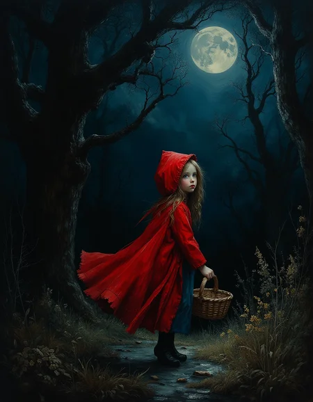 masterpiece, high quality, Oil Painting, Hyper-realistic. A concerned Little Red Riding Hood walking cautiously through a dense, shadowy forest under the pitch-black night sky. Her red cloak, vibrant and flowing, provides a striking contrast against the dim, moonlit surroundings. The woods are thick with towering, gnarled trees whose twisted branches reach out like skeletal hands, creating ominous silhouettes. Her face is a pale, almost translucent white, with lips painted a vivid red. A faint mist swirls at her feet, and the distant glow of fireflies adds an eerie, magical ambiance. Her expression is tense, her blue are eyes wide with worry as she clutches her wicker basket tightly. Subtle details, like the glint of moonlight reflecting off her golden locks and the rustle of leaves in the cold breeze, enhance the sceneâs chilling atmosphere. The faint outline of wolf-like shadows lingers in the background, just barely visible, evoking a sense of looming danger. Her body is skinny and petite. brush strokes, warm light, magic, extremely coherent, cute, beautiful, cinematic, stunning, creative, positive, cheerful, unique, cool, inspiring, pure, rational, very inspirational, friendly, thought, glowing, magical, perfect, intricate, wonderful, lovely, novuschroma, del1cate_balance style, in the style of Rembrandt. FS, vantablack <lora:style_of_Rembrandt_FLUX_135:.8> <lora:- Flux1 - vanta_black_V2.0:.8> <lora:Delicate_Balance:.3> <lora:neeeg_f1:-1> <lora:113_novuschromaFLX_1:.2>