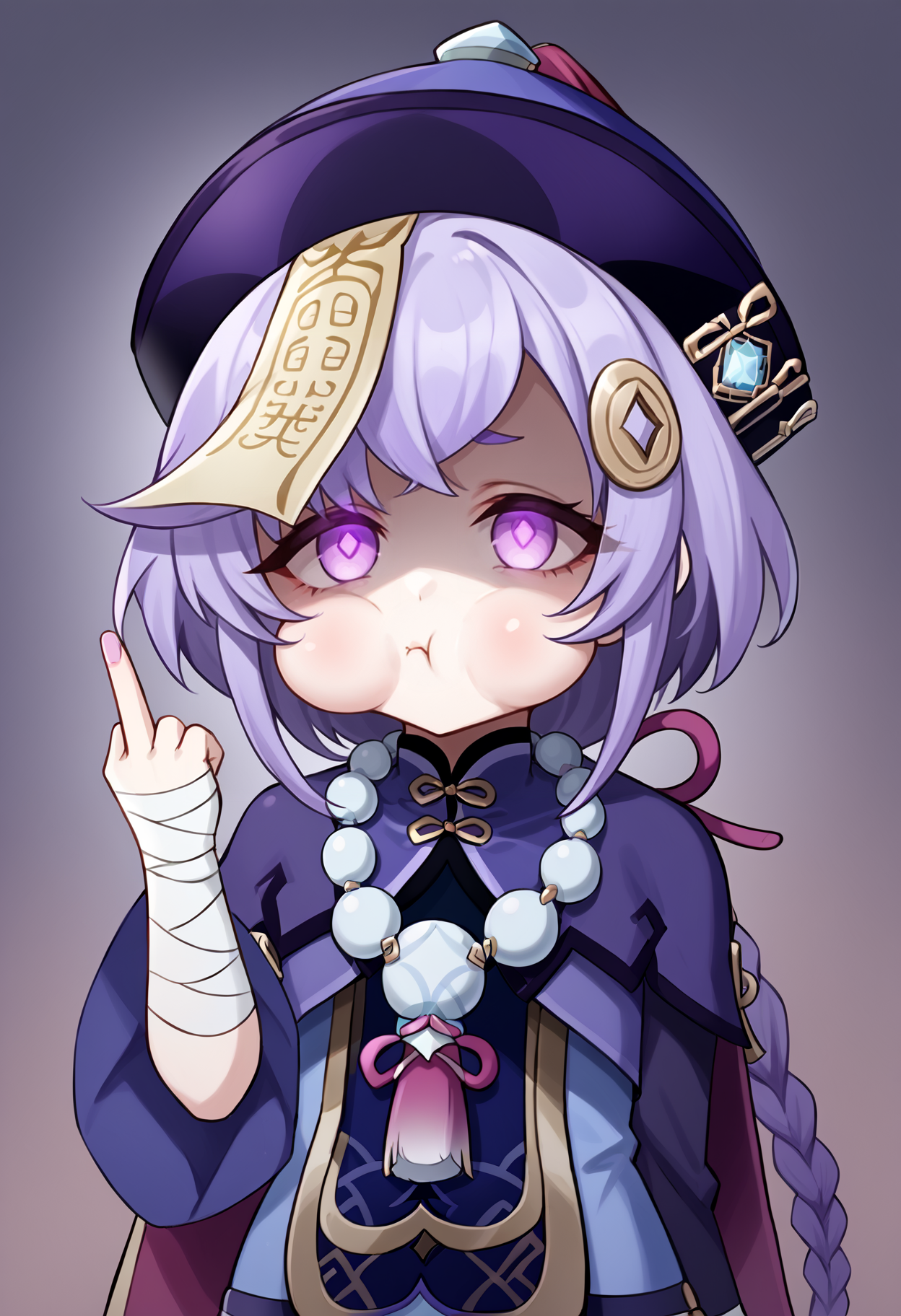 score_9, score_7_up, source_anime, uncensored, zPDXLxxx, <lora:intricate_details:0.5> intricate_details_xl, oasis, signature, chibi inset, upper body, sideways
<lora:Qiqi_Genshin_Impact_v1.0-000008:1> qiqi (genshin impact), Qiqi, 1girl, solo, qingdai guanmao, hat, purple hair, thighhighs, hair ornament, braid, beads, coin hair ornament, jiangshi, jewelry, ofuda, white thighhighs, necklace, purple eyes, bead necklace, long hair, long sleeves, single braid, purple headwear, dress, bandages, shorts, bandaged leg, chinese clothes, standing, braided ponytail, arm up, (shaded face:1.4), (glowing eyes:1.1), middle finger, fingernails,
<lora:Pout_XLPD:1.3> pout, :t, closed mouth, (puffy cheeks:1.2)