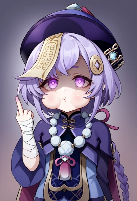 score_9, score_7_up, source_anime, uncensored, zPDXLxxx, <lora:intricate_details:0.5> intricate_details_xl, oasis, signature, chibi inset, upper body, sideways
<lora:Qiqi_Genshin_Impact_v1.0-000008:1> qiqi (genshin impact), Qiqi, 1girl, solo, qingdai guanmao, hat, purple hair, thighhighs, hair ornament, braid, beads, coin hair ornament, jiangshi, jewelry, ofuda, white thighhighs, necklace, purple eyes, bead necklace, long hair, long sleeves, single braid, purple headwear, dress, bandages, shorts, bandaged leg, chinese clothes, standing, braided ponytail, arm up, (shaded face:1.4), (glowing eyes:1.1), middle finger, fingernails,
<lora:Pout_XLPD:1.3> pout, :t, closed mouth, (puffy cheeks:1.2)