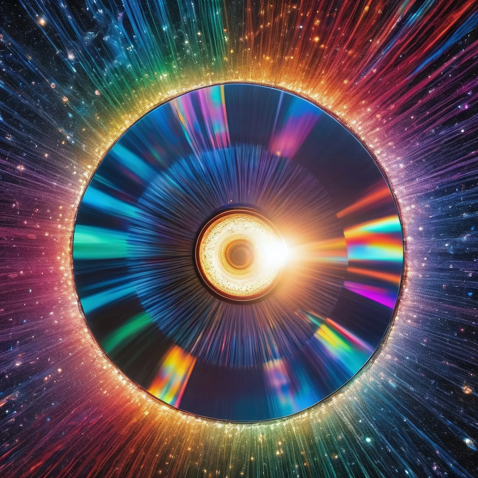 cosmic spacetime abstract concept art with shiny metallic iridescent rainbow particles of light, planet, orbiting around over, made of cd's

BREAK

huge vinyl_LP with solar flare over background grooves etched in universal vinyl LP_record, in background of infinite tangled unwound tape-casette-spool of spacetime, within black void, high-resolution, made of cd's