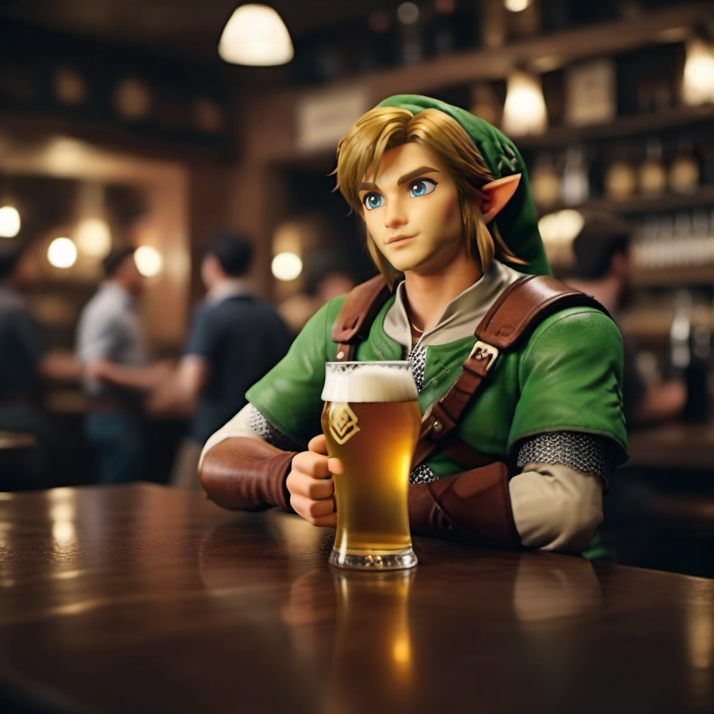 cinematic photo a full body link is drunk and having a beer in a pub <lora:Link1024:0.8> . 35mm photograph, film, bokeh, professional, 4k, highly detailed