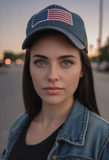 30yo woman holding an American flag.
Blue eyes. perfecteyes 
Wearing Denim jacket trucker hat. 
Long dark black slick back hair. No makeup. Dusk, Street light. Looking at camera POV. Slight smile, tilting head.. Tilt head.
Medium Close Up shot. Bokeh. Bokeh light.