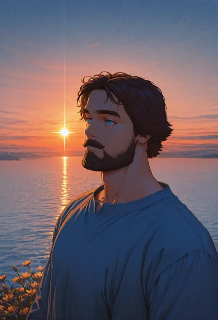 blue hour shot of golden hour shot of concept art (masterpiece,best quality,amazing quality,absurdres), muscular, slavic theme, 
<lora:iluha:0.8> iluha, 1boy, male focus, beard, brown hair, solo, facial hair, blue eyes, mustache, short hair, thick eyebrows, abstract, colorful, upper body, flower, water
 <lora:NOOB_vp1_detailer_by_volnovik_v1:1> <lora:illustrious_quality_modifiers_masterpieces_v1:1>  <lora:illustrious_h_v2:0.5> <lora:DarkerThanBlackIllustrious:0.7> naight, from above <lora:114558v4df2fsdf5:1> 15546+456868 . digital artwork, illustrative, painterly, matte painting, highly detailed. Warm light, sunset/sunrise, magical, serene. Cool light, twilight, peaceful, moody