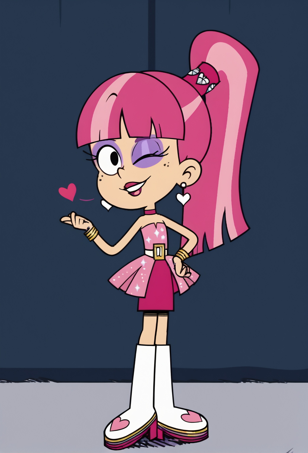 ((score_9)), score_8_up, ((high quality)), ((masterpiece)) BREAK
  1girl, LuluL, full body, dancing, diamonded ponytail cuff, freckles, 1girl, solo, jewelry, pink hair, earrings, heart, ponytail, boots, dress, long hair, style parody, heart earrings, makeup, belt, bangs, blunt bangs, lipstick, choker, pink dress, skirt, strapless, full body, looking at viewer, hand on hip, winking   <lora:pony_good_hands:0.8>,<lora:Lulu_Loud:0.8>