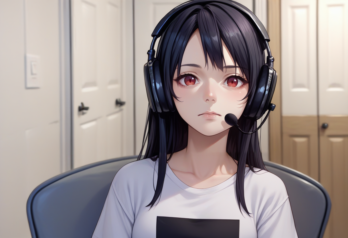 score_9, score_8_up, score_7_up, source_anime, solo, 1girl, sadlinus, headset, chair, indoors, long hair, black hair, red eyes, white t-shirt, short sleeves <lora:concept_sadlinus_ponyXL:1>