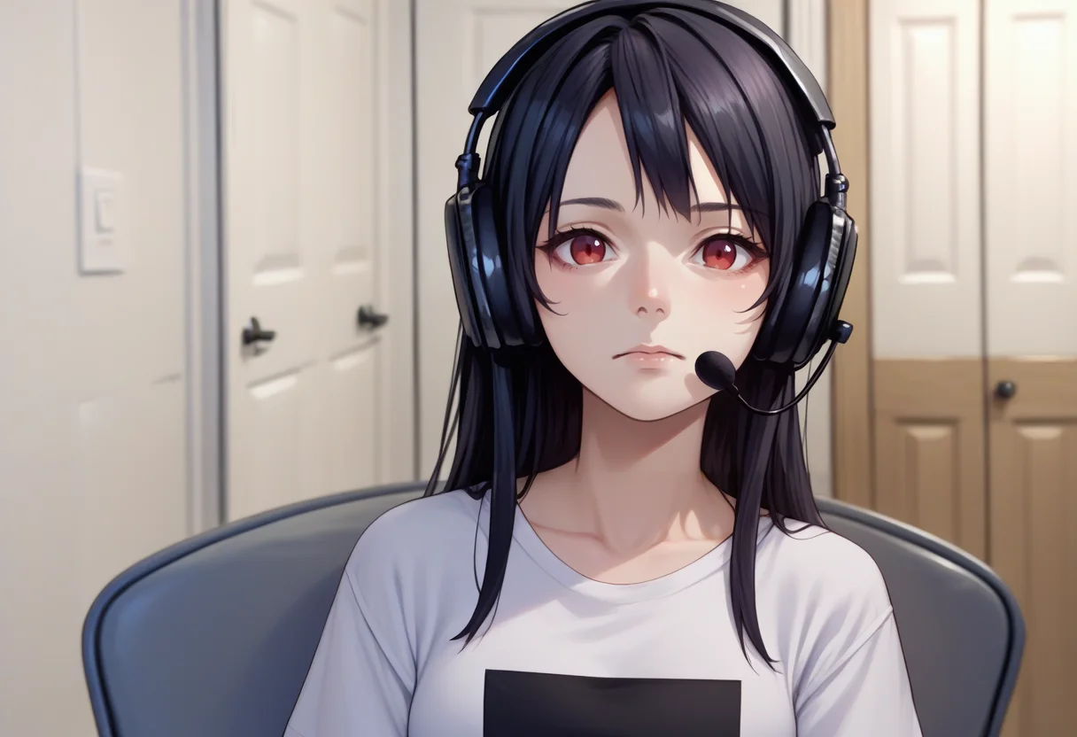 score_9, score_8_up, score_7_up, source_anime, solo, 1girl, sadlinus, headset, chair, indoors, long hair, black hair, red eyes, white t-shirt, short sleeves <lora:concept_sadlinus_ponyXL:1>