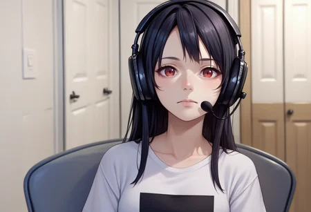 score_9, score_8_up, score_7_up, source_anime, solo, 1girl, sadlinus, headset, chair, indoors, long hair, black hair, red eyes, white t-shirt, short sleeves <lora:concept_sadlinus_ponyXL:1>