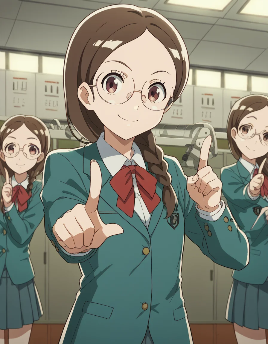score_9, score_8_up, score_7_up, source_anime, <lora:megumi-takahashi-s1-ponyxl-lora-nochekaiser:1>, megumi takahashi, long hair, brown hair, brown eyes, braid, glasses, hair over shoulder,, school uniform, jacket, blazer, ribbon, red ribbon, green blazer, shirt, white shirt, collared shirt, skirt, pleated skirt, grey skirt,, industrial, machinery, metal, large, factory, smile, <lora:koi-dance-ponyxl-lora-nochekaiser:1>, koi dance, index finger raised, dancing, outstretched arm, pointing at viewer, pointing, pointing up,, looking at viewer, solo,, dutch angle, cowboy shot
