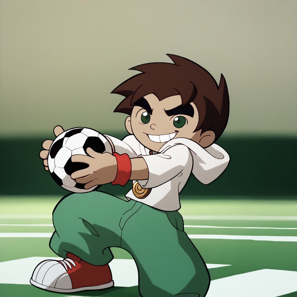 score_9, score_8_up, score_7_up BREAK RaiXS, 1boy, dark brown hair, dark green eyes, tan skin, gold spiral circle necklace, red wristbands, white hoodie, green pants, red white shoes, smiling at viewer, holding soccer ball,