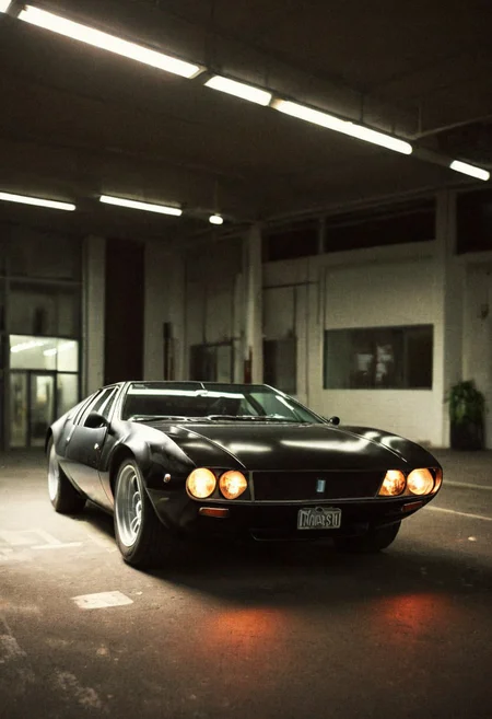 analog film photo (Sportscar gleaming black DeTomaso Mangusta, front view, indoors), white neon lights, (stylish, film grain:1.3) . faded film, desaturated, 35mm photo, grainy, vignette, vintage, Kodachrome, Lomography, stained, highly detailed, found footage