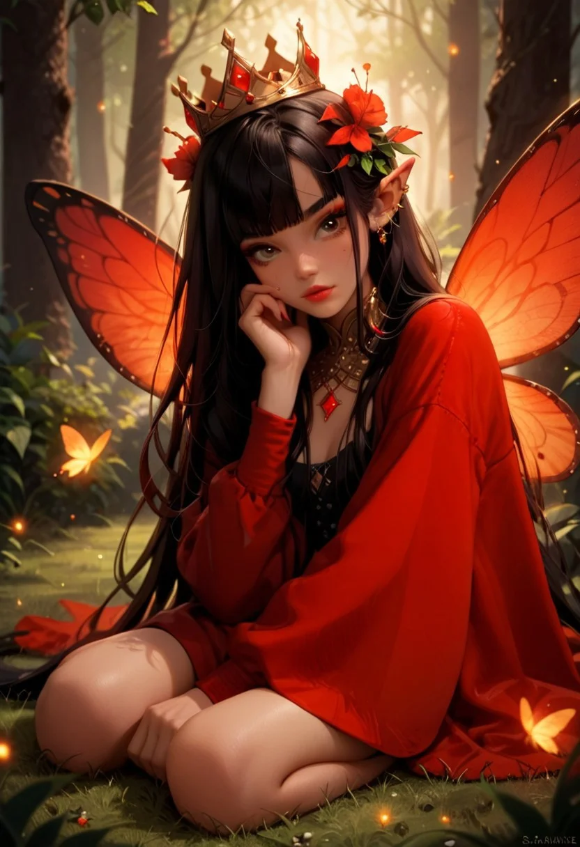 score_9, score_8_up, score_7_up, score_6_up, score_5_up, score_4_up, dynamic scene, 1 fairy girl, long black hair, sitting, hand on grass, very long hair, bangs (black crown with red stones on head: 1.5), head over shoulder, brown eyes, makeup, red lips, plump lips, big red butterfly wings on back, red suit, slim, sexy, seductive , sensitive face, surprised, raised eyebrows, erotic emotions, gold ear jewelry, gold neck jewelry, elf ears, yellow-green forest, night, firefly lights, many fireflies, many small red lights in the background (full body: 1 ,5)