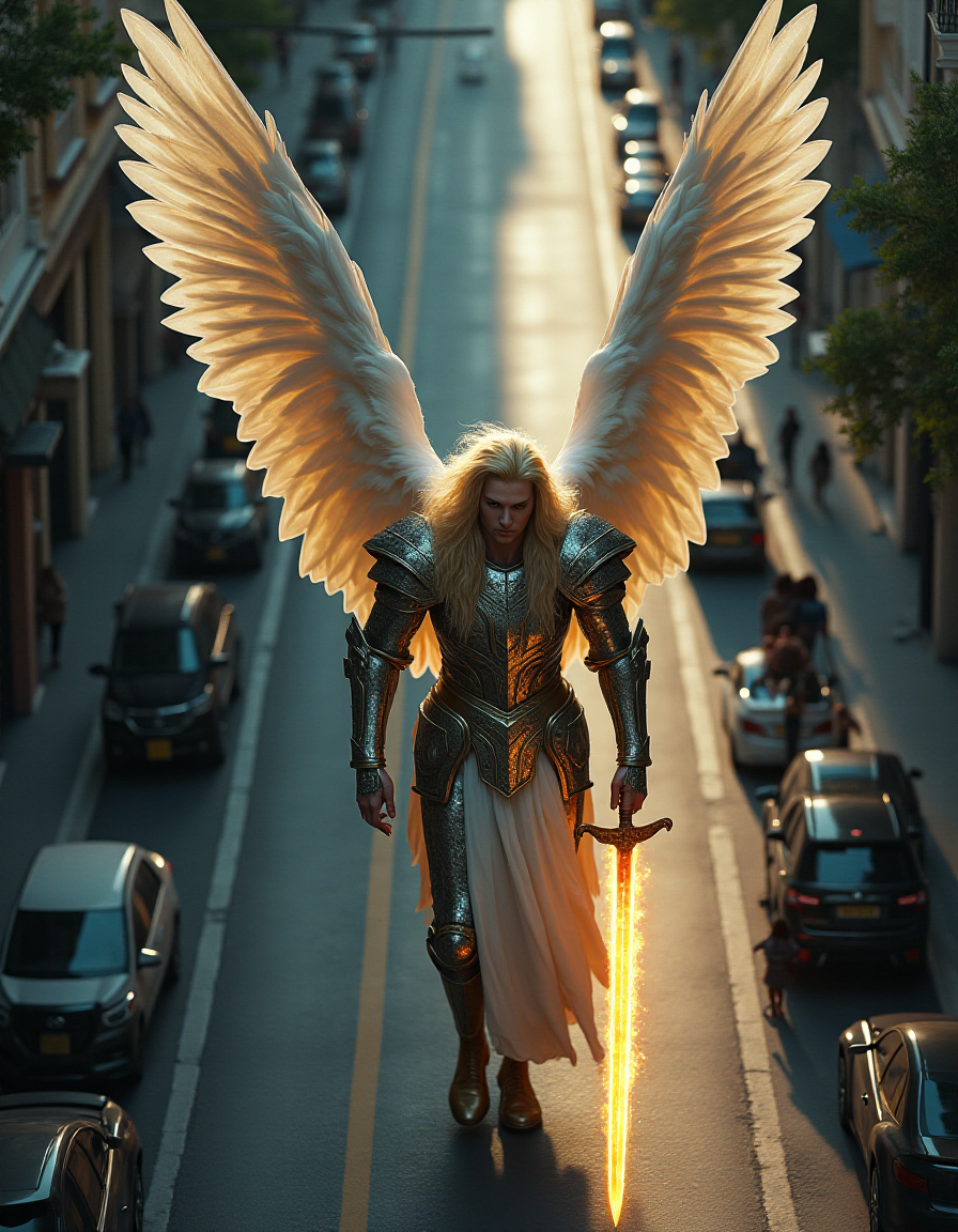 A bird's eye view,A real angel with a human appearance, long blonde hair, walking in the city of Rio de Janeiro, Brazil. The angel is 50 meters tall, the height of multi-story buildings, with enormous wings extending behind him. The image was taken by a high-resolution drone. The angelâs form is majestic, casting long shadows on the ground, dressed in armor similar to the Knights of the Zodiac, wielding a flaming sword. He advances with calm steps. His expression is serene, and people and cars parked on the street seem tiny in comparison to his size. The overall atmosphere combines a sense of awe and reverence with the mundane elements of urban life. high resolution, high quality UHD, VRay style realism, ray tracing VFX, SSOA, GTX enabled, UHD, high quality UHD, VRay style realism, ray tracing VFX, SSOA, GTX enabled, UHD, high quality skin, 8K UHD, VRay-style rendering