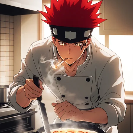 masterpiece, best quality, amazing quality, absurdres, newest, detailed background, definition so sharp, Ultra-HD, 8K cinematic, very awa, impressionate, amazing quality, highres, 
solo, male focus, manly, 
1boy, d0tb_red hair, d0tb_brown eyes, d0tb, spiked hair, facial tattoo, headband, smoking, smoke,
cooking, holding knife, determined expression, steam, kitchen, vibrant colors, chef's uniform, hot-blooded, energetic, playful, cool, focused, sparkling eyes,