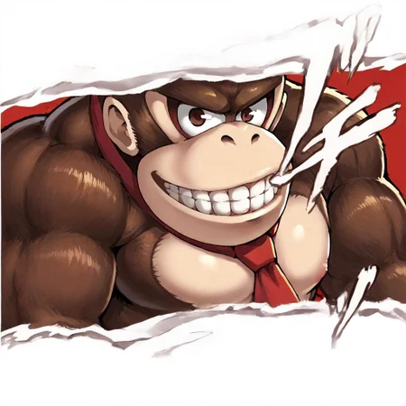 <lora:anipony_XL:0.5>, zPDXLxxx, score_9, score_8_up, score_7_up, SFW, source_anime, rating_general, (anime screenshot, flat coloring), solo, <lora:Donkey_Kong:0.8> donkeykong, brown fur, red tie, large body, large biceps, teeth, upper body shot, <lora:PersonaCutIn_XLPD_V2:1.2> incrspersonacutinxl, style parody, looking at viewer, partially submerged