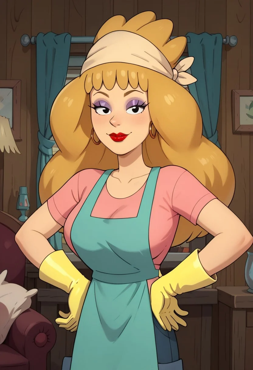((room background)),score_9, score_8_up, score_7_up,score_6_up,
1girl, solo, Tinona_C, light skin, black eyes, blonde hair, long hair, voluminous fluffy hair, golden hoop earrings, red lipstick, violet eyeshadow, pink T-shirt, jean shorts, beige bandana on the head, teal apron, yellow gloves, violet slippers, cute, tall stature, social smile, perfect eyes, perfect smile, looking at the viewer, detailed eyes, perfect eyes, standing, big breasts (front pose, front view, bust shot) five fingers, perfect hands, hands on hips